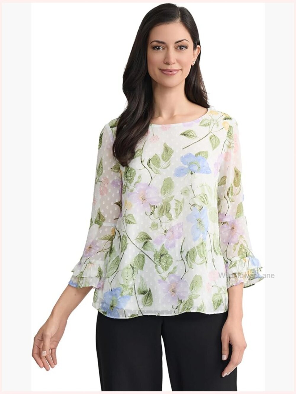 3/4 Ruffle Sleeve Printed Top - Women's Floral Blouse